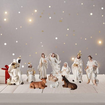 Christmas Nativity Set Figurine,Hand Resin Craft Statue Nativity Scene Indoor,Baby Jesus Holy Family Firguines Statue, Nativity Sets for Christmas Indoor, 11 Pcs - color: White