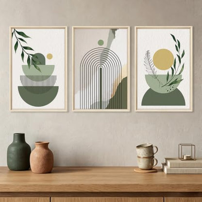HOURIA Boho Sage Green Geometric Framed Canvas Wall Art Set- 16"x24"x3 - color: Boho Sage Green Wall Art, size: 16"L x 24"W