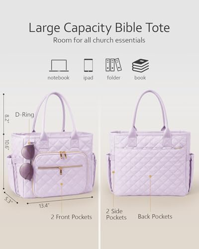 Large Bible Bag with Bible Cover Case for Women, Quilted Bible Tote Bag - color: Light Purple