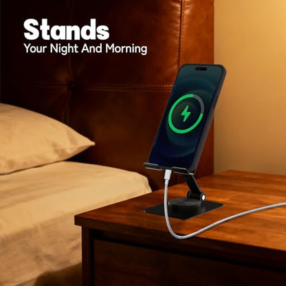 Metal Cell Phone Stand for Desk, Multi-Angel Adjustable 360° Rotation Non-Slip and Foldable Mobile Phone Stand, Compatible with iPhone 18/17 Series and All Smartphones, Black - color: Black