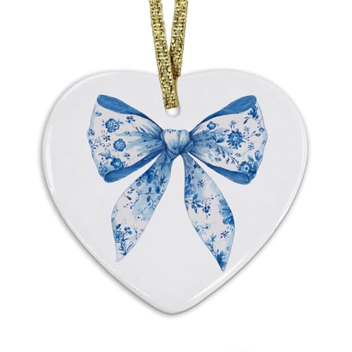 Chinoiserie Blue Bow Ornament, Grandmillennial Blue and White Bow Hanging Heart Ornaments for Christmas Tree Holiday Party Decorations, Preppy Girly Decorative Ornaments Keepsake TCP - color: Bow-blue-3
