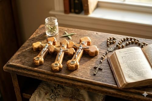 Zuluf Small Olive Wood Crucifix Wall Cross Set of 3 with Holy Land Stone, Handmade Christian Crucifix Cross Wall Decor - 4 Inch Each Jerusalem Catholic Christian Gift for Prayer Home Church