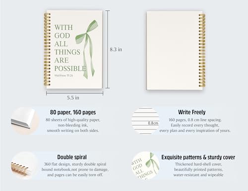Green Bible Journal for Women, A5 Spiral Christian Notebook & Study Supplies, Cute Hardcover Coquette Bow Diary with Scripture Matthew 19:26 for Church Notes, Prayer & Teen Girls.5.5 x 8.3 Inch - color: (Green) Matthew 19:26