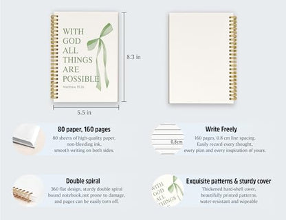 Green Bible Journal for Women, A5 Spiral Christian Notebook & Study Supplies, Cute Hardcover Coquette Bow Diary with Scripture Matthew 19:26 for Church Notes, Prayer & Teen Girls.5.5 x 8.3 Inch - color: (Green) Matthew 19:26