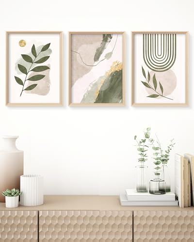 HesenDot Sage Green Framed Wall Art Set of 3,12x16IN High Wood Frame Design - color: High Frame Abstract Sage Green