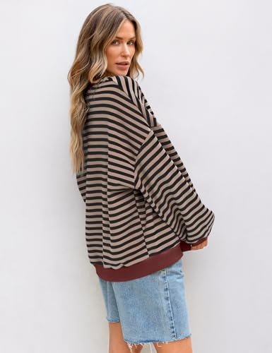 UEU Women Oversized Striped Crewneck Sweatshirt Long Sleeve Casual Pullover - color: Black Coffee Striped, size: Medium