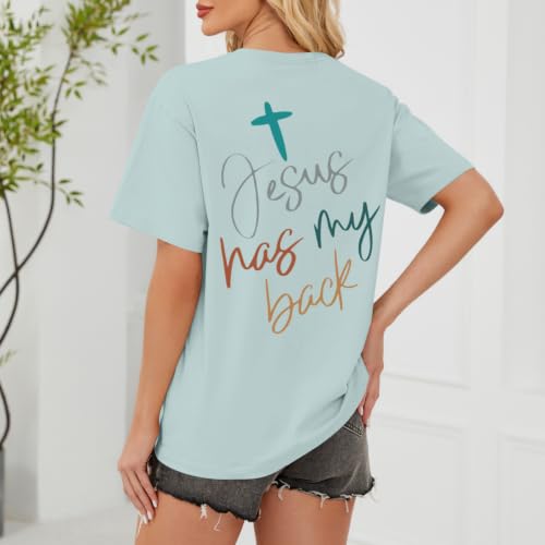 Tuislay Christian Shirts for Women Jesus Has My Back Tshirt God Bible Verse Shirt Faith Cross T Shirts Inspirational Tees Top - color: Sky Blue, size: X-Large