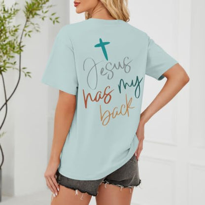 Tuislay Christian Shirts for Women Jesus Has My Back Tshirt God Bible Verse Shirt Faith Cross T Shirts Inspirational Tees Top - color: Sky Blue, size: Large
