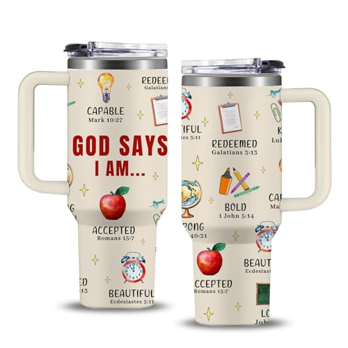 Christian Teacher Gift, 40oz God Says I Am Teacher Tumbler With Handle, Christian Gifts for Women, Inspirational Religious Birthday Gifts for Teachers Bible Verse Cup, Teachers Appreciation Gifts - color: God Says I Am01-Teacher, size: 40 Ounces