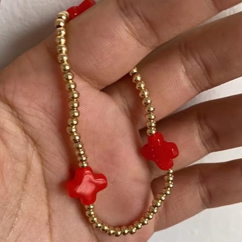 Colorful Cross Charm Bracelets for Women Men Adjustable Gold Plated Beaded Bracelet Boho Bead Ball Stretch Bracelet Birthday Summer Beach Jewelry - color: Red