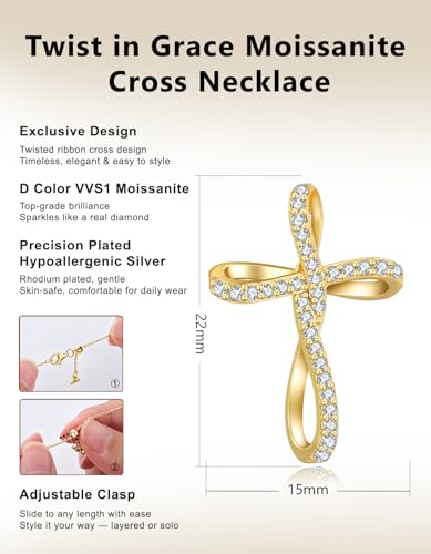 KRKC&CO Moissanite Cross Necklace for Women: D Color VVS1 0,09-0,3ct - color: Gold E