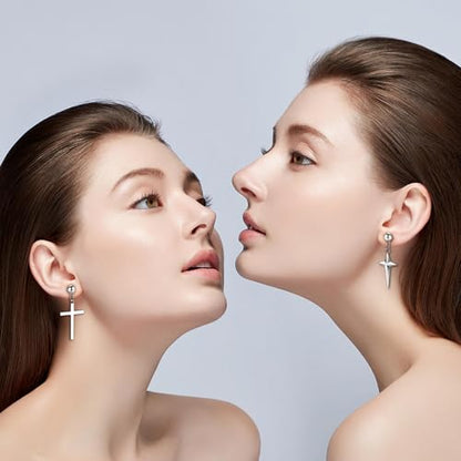 6 Pairs Silver Dangle Cross Earrings for Women, Small Hypoallergenic Stainless Steel Stud Earrings for Men Drop
