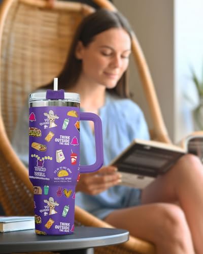 Funny Taco Tumbler 40oz with Handle and Straw, Taco gifts - color: Taco Purple