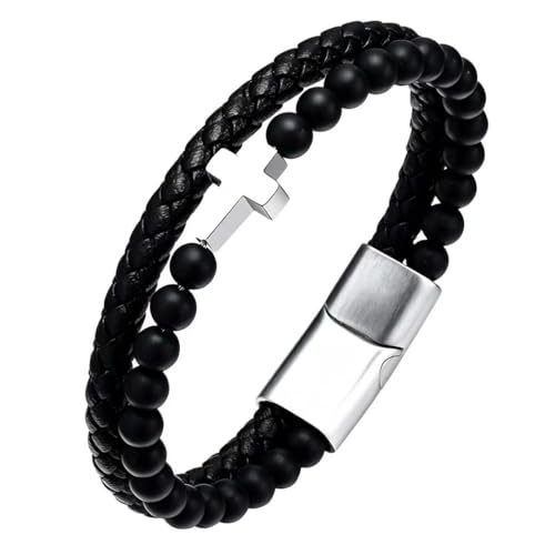 Kim Carrey Italian Handmade Leather Bracelets for Men - color: Silver Cross, size: 8.2"
