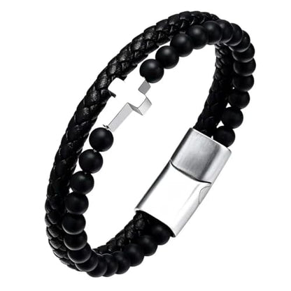Kim Carrey Italian Handmade Leather Bracelets for Men - color: Silver Cross, size: 8.2"