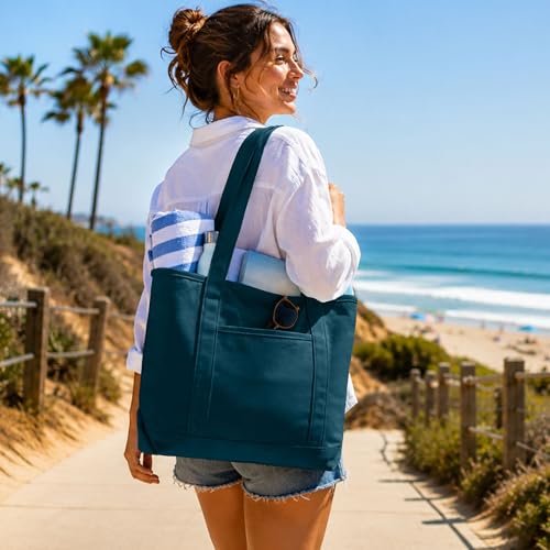 DALIX 20" Solid Color Cotton Canvas Shopping Tote Bag in Navy Blue - color: Navy Blue