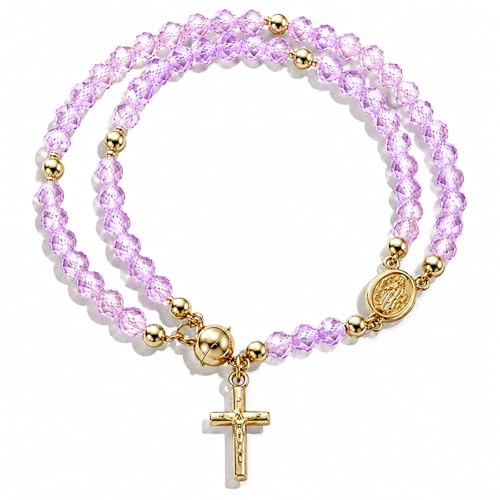 Grace & Faith: Handmade Rosary God Beads Bracelet Virgin Mary Cross Double Layer Chain Crucifix Religious Christian Faith Jewelry - color: Purple Beads