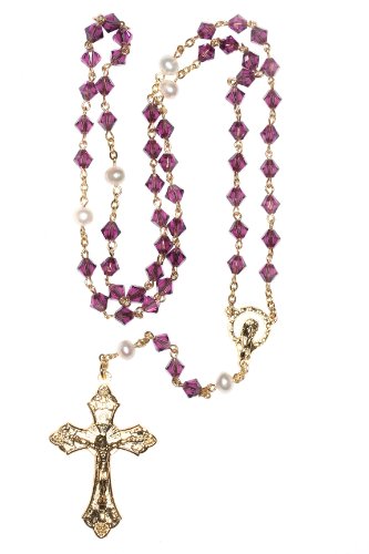 Catholic Prayer Rosary Created with Swarovski® Crystals-Glass-Silver-Gold - color: Amethyst - February - GOLD