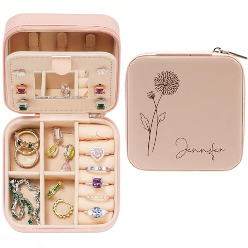 Ships Next Day, Personalized Travel Jewelry Mirror Case with Name Birth Flower, Bridesmaid Proposal Gifts Box Custom Birthday Gifts for Women, Christmas Customized Gifts for Teenage Girls - color: Birth and Flower Box-Pink