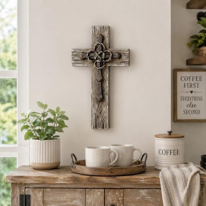 Comfy Hour 13 Inch Wall Cross, Rustic Faux Wood Decor