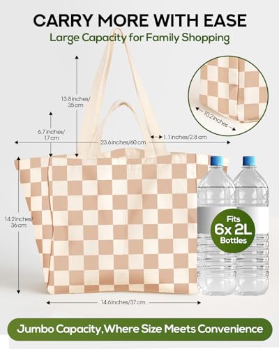 Miss Adola Extra Large Canvas Grocery Tote Bag - color: Beige Plaid