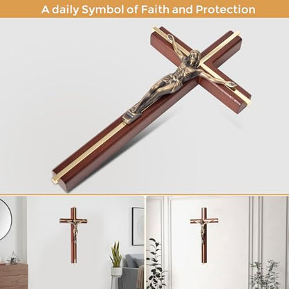 ACHIBANG Crucifix Wall Cross, 10 Inch Wooden Catholic Jesus Home Decor - color: Brown + Antique Brass