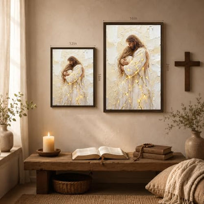 INJOLLY Wood Framed Jesus Embrace Woman Christian Wall Art 12x16 in - color: Woman, size: 16"L x 12"W