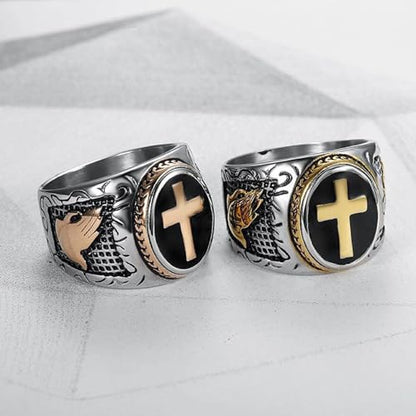 JAJAFOOK Men's Silver-Tone Stainless Steel Cross Ring - color: Rose Gold