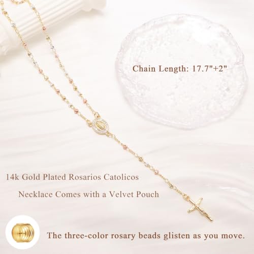 Women's Gold Catolicos Rosary Necklace - 14k Gold Plated Virgin Mary Rosary Bead Cross Necklaces, Non Tarnish Gold Catholic Y Chain Necklaces, Religious Rosary Bead Crucifix Necklace Jewelry for Women - color: Gold-Three color beads