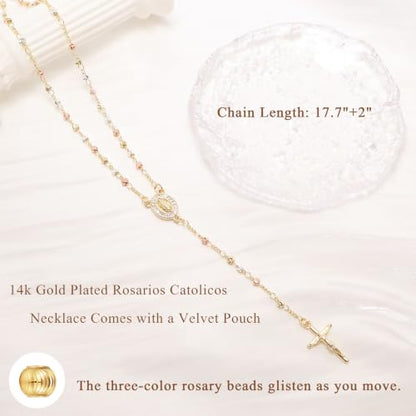 Women's Gold Catolicos Rosary Necklace - 14k Gold Plated Virgin Mary Rosary Bead Cross Necklaces, Non Tarnish Gold Catholic Y Chain Necklaces, Religious Rosary Bead Crucifix Necklace Jewelry for Women - color: Gold-Three color beads