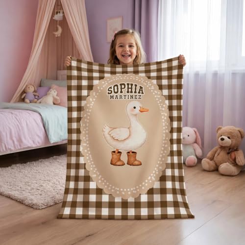 Personalized Duck Baby Blanket, Brown Gingham Nursery Throw Gift - color: #Ver4