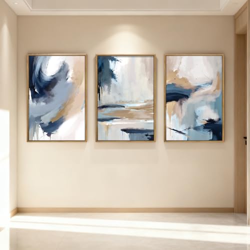 Large Blue Abstract Wall Art Framed Modern Artwork Neutral Wall Decor for Living Room Bedroom Office 16x24 Inch Set of 3 - color: Blue Abstract, size: 24"L x 16"W