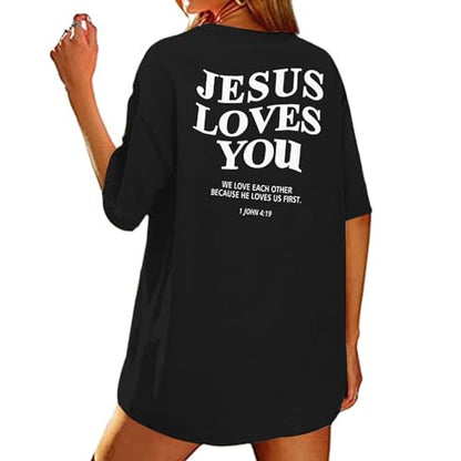 Christian Shirt Women Oversized Jesus Tshirt Jesus Love You Shirts Jesus Faith Tops Bible Verse Inspirational Tee - color: Black, size: XX-Large