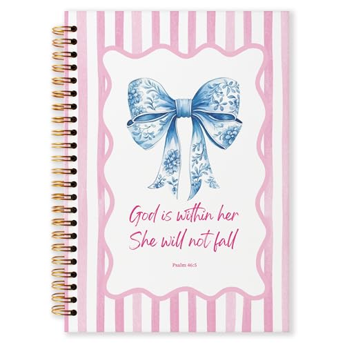 Grace Yonks Cute Pink and Blue Bow Bibles Journal Notebook, A5 Christian Spiral Notebook, Aesthetic Composition Book for Girls, Preppy School Supplies, 5.8" x 8.3" with 80 Pages(006)
