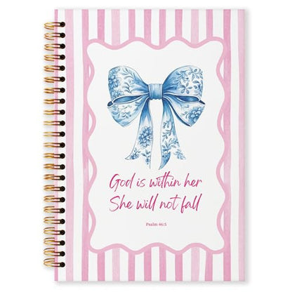 Grace Yonks Cute Pink and Blue Bow Bibles Journal Notebook, A5 Christian Spiral Notebook, Aesthetic Composition Book for Girls, Preppy School Supplies, 5.8" x 8.3" with 80 Pages(006)