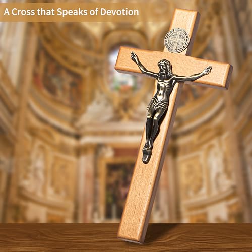 ACHIBANG Crucifix Wall Cross, 10in Wooden Catholic Jesus St Benedict Decor - size: 10"L x 5"W