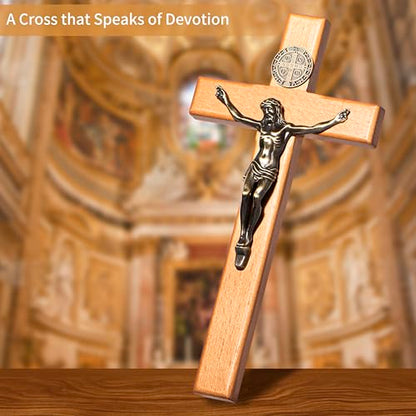 ACHIBANG Crucifix Wall Cross, 10in Wooden Catholic Jesus St Benedict Decor - size: 10"L x 5"W