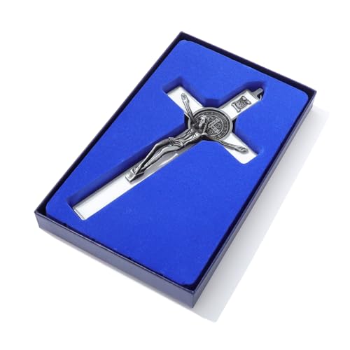 KOMI 7.5" Metal Crucifix Wall Cross with White Enamel Catholic Jesus Cross - color: White-Silver