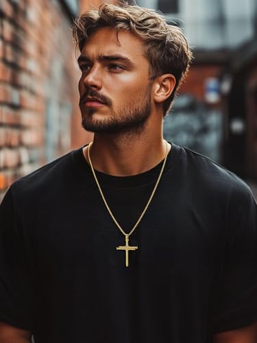 FaithHeart Stainless Steel Cross Necklace for Men, Silver/Black/Gold Cross Chains for Men Religious Amulet Necklaces Christian Gifts for Dad - style: Nail Cross-Gold