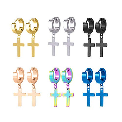 Men Women Stainless Steel Cross Earrings Set Dangle Hinged Earrings of Dangle Hinged Earrings Cross hoop Earrings - color: 6 Pairs Cross Earrings (Silver+gold+black+Colorful gold+blue)