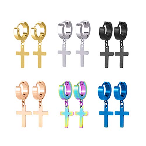 Men Women Stainless Steel Cross Earrings Set Dangle Hinged Earrings of Dangle Hinged Earrings Cross hoop Earrings - color: 6 Pairs Cross Earrings (Silver+gold+black+Colorful gold+blue)