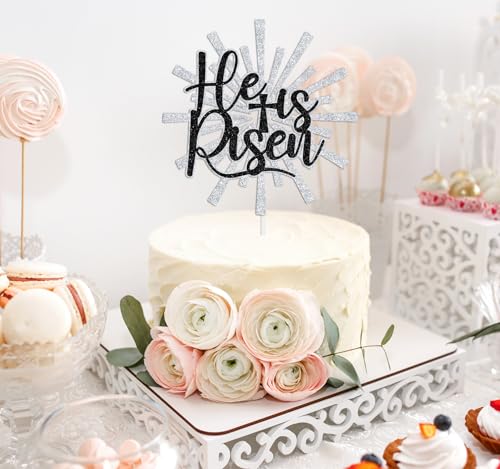 He is Risen Cake Topper, Jesus Easter Cake Décor, Religious Cross Cake Decoration, Easter Party Decorations Supplies, Silver Glitter