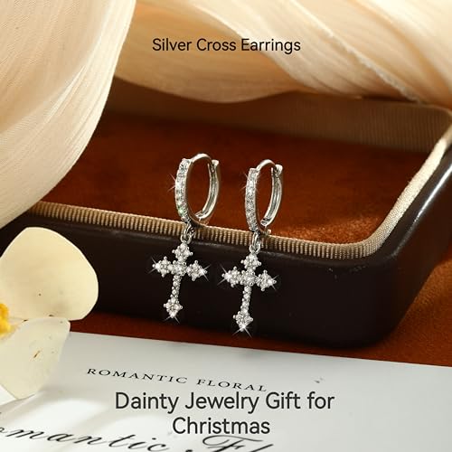 Gold Hoop Earrings For Women Men-Silver Dangle Drop Earrings,Hypoallergenic Huggie Hoop Earrings Trendy-Dainty Diamond Cubic Zirconia Cross Earrings,Simple Christmas Christian Easter Jewelry Gifts - style: Cross Dangle Hoop-Silver