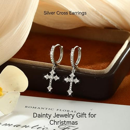 Gold Hoop Earrings For Women Men-Silver Dangle Drop Earrings,Hypoallergenic Huggie Hoop Earrings Trendy-Dainty Diamond Cubic Zirconia Cross Earrings,Simple Christmas Christian Easter Jewelry Gifts - style: Cross Dangle Hoop-Silver
