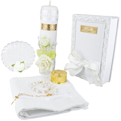 Complete Baptism Candle Set Unisex 5 pc | Baptism kit Catholic with Rosary - color: White