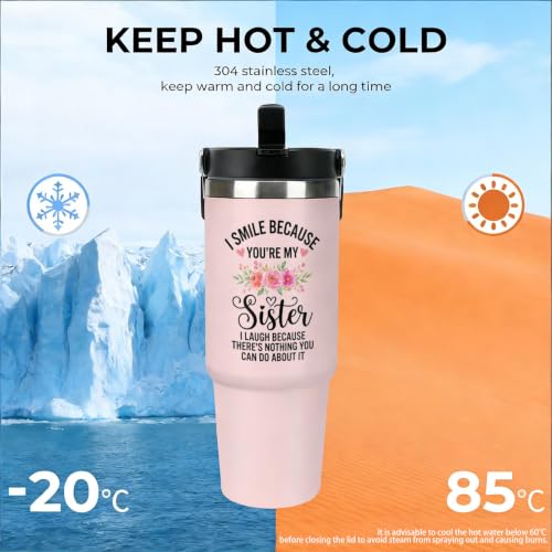 30 oz Sister Travel Mug with Handle and Straw, Cute Pink Floral Stainless Steel Vacuum Insulated Tumbler, Water Bottle, Funny Friendship Gifts for Women - color: sister travel mug