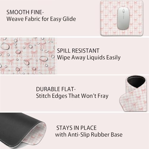 Mouse Pad for Desk with Stitched Edge, Premium Cute Washable Mouse Pads. Computer Mousepad with Non-Slip Rubber Base, Mousepads for Laptop, 9.25x7.75x0.12 inch (Lovely Bows) - color: Lovely Bows