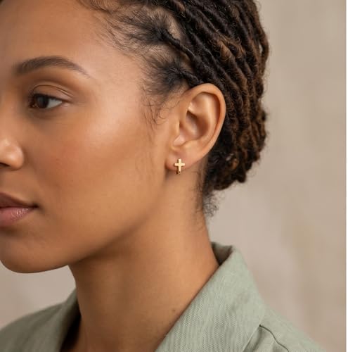 Reffeer Solid 925 Sterling Silver Cross Hoop Earrings for Women Teen Girls Small Cross Huggie Earrings Cartilage Helix - color: B-Yellow