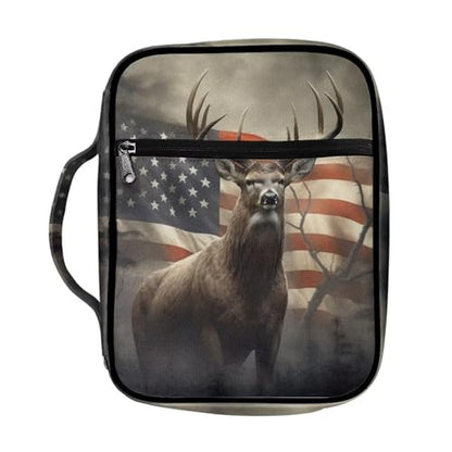 Suobstales American Flag Deer Print Bible Cover Portable Carrying Book Case Multi-Functional Bible Case Bible Organizer Case with Handle and Zippered Back Pocket - color: American Flag Deer 2