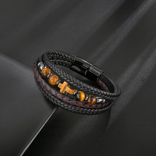 Men's Leather & Lapis/Onyx/Turquoise/Tiger Eye Cross Bracelet - Braided Christian Jewelry for Men, 8.3" & 9.1" Sizes - color: Tiger Eye, size: 8.3in(Fits most wrists; Recommend!)